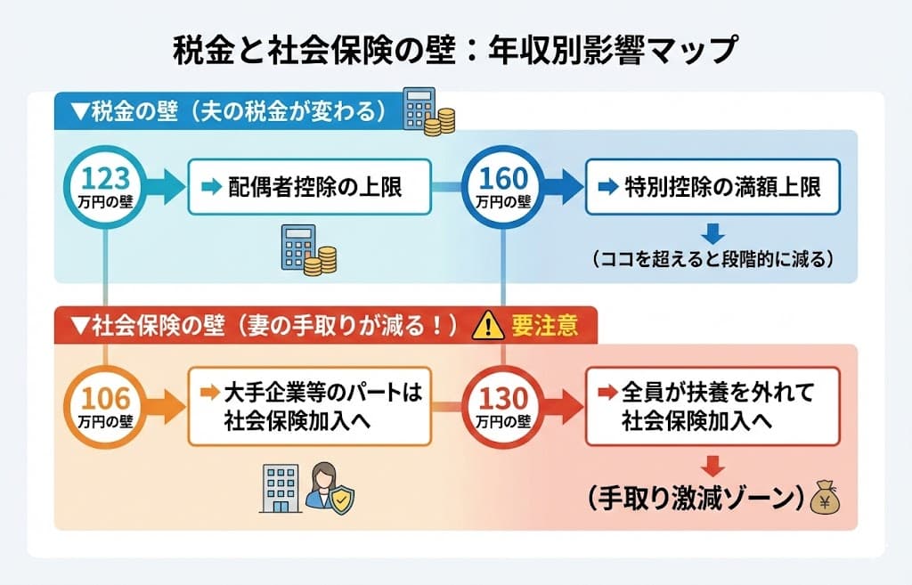 税金と社会保険の「壁」の違いと手取りイメージ