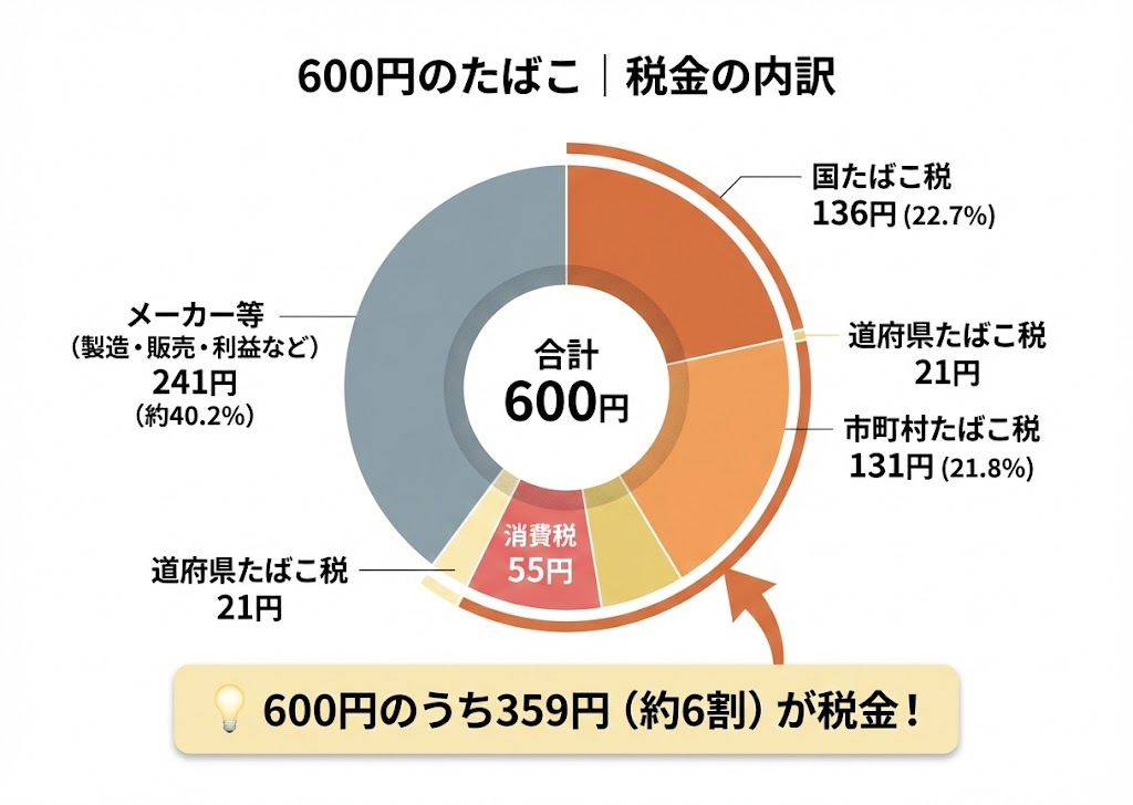 600円たばこの税金内訳を円グラフで表示